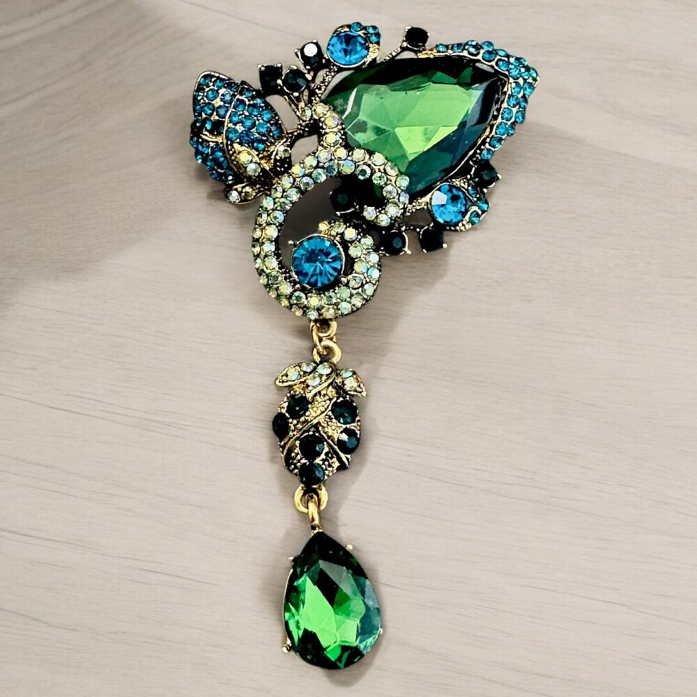 Large Statement Brooch Green Blue Peacock Dangling Glass Stones Gold Tone 3 in